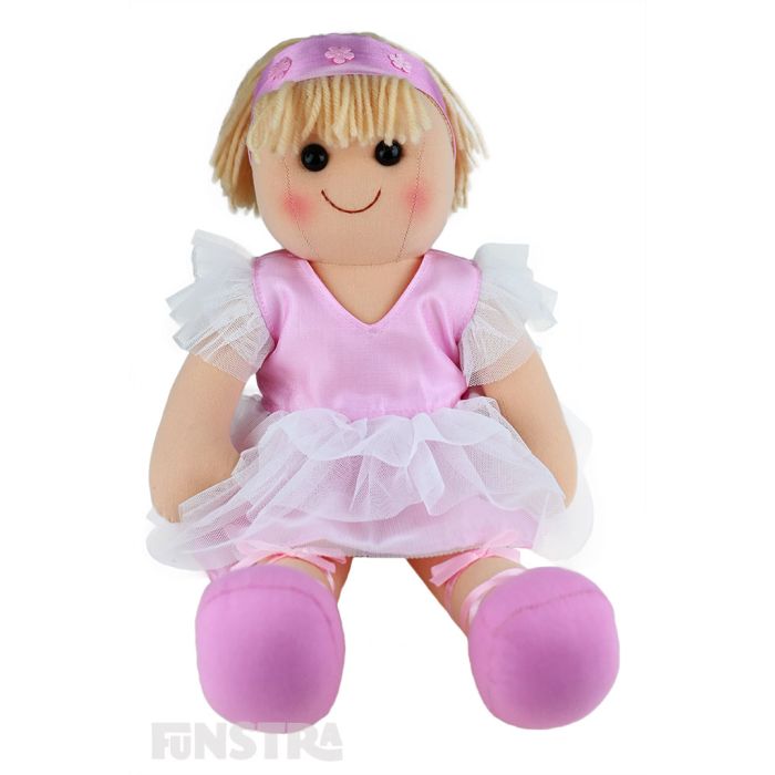 Bonnie is an elegant doll with a soft cloth body and blonde hair held back with a headband and wears a pink tulle tutu and ballet slippers.