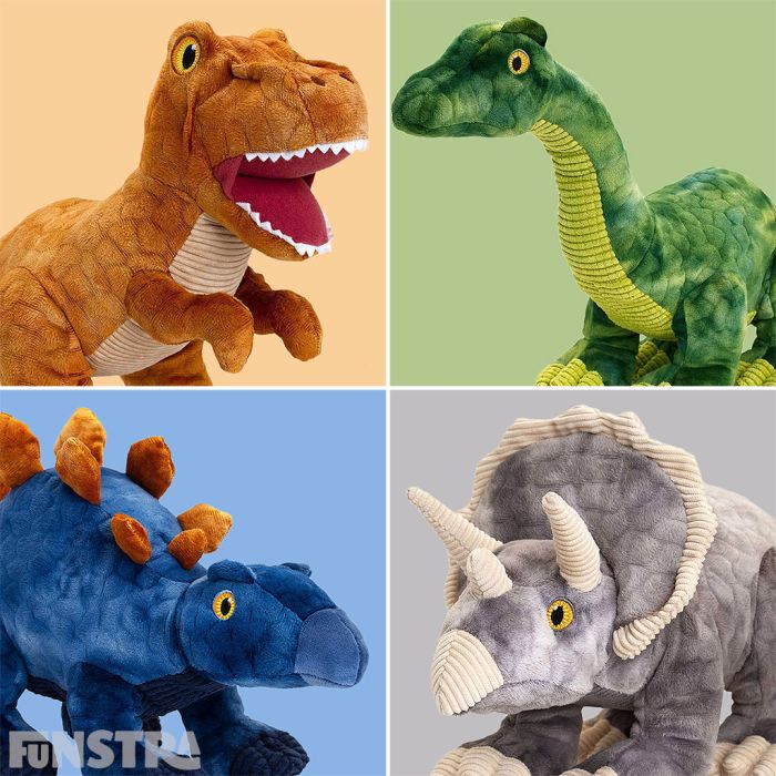 Collect all four of the bright and colourful dinosaur plush toys from this collection.