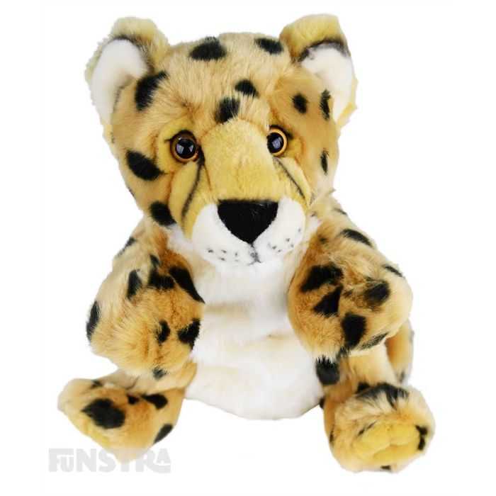 The cheetah hand puppet offers lots of fun and entertainment for children that love the fastest land animal as they tell stories and puppeteer this large cat native to Africa and central Iran.