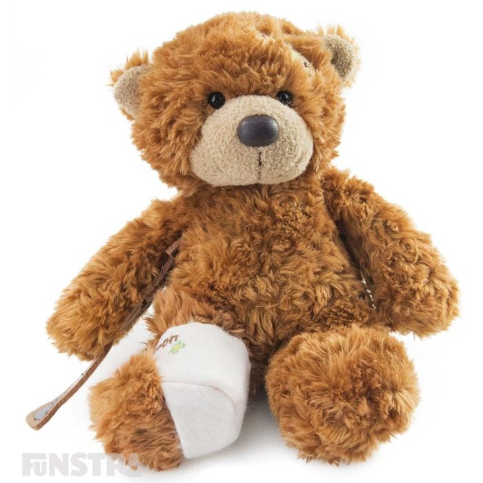 A cute and cuddly patient with a fracture, and features a cast on his sore leg and crutches for this injured brown bear.
