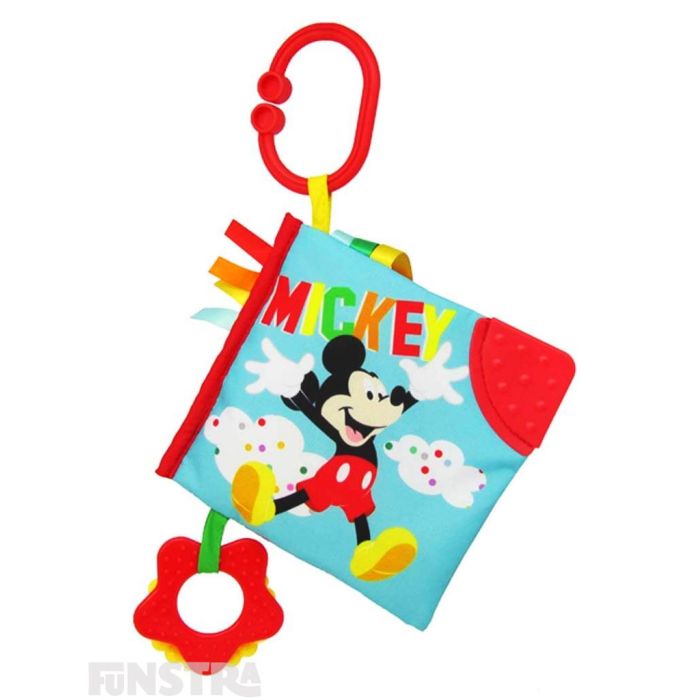 With 'Mickey' on the front cover, this fabulous cloth book features a red teether corner helping to soothe baby's sore gums and a red clip to attach the activity book to a car, cot or pram.