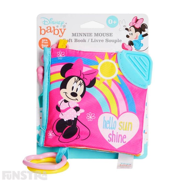 Bright and colourful Minnie Mouse soft book in pastel colours of pink, blue and yellow with fun patterns offering visual stimulation for baby.