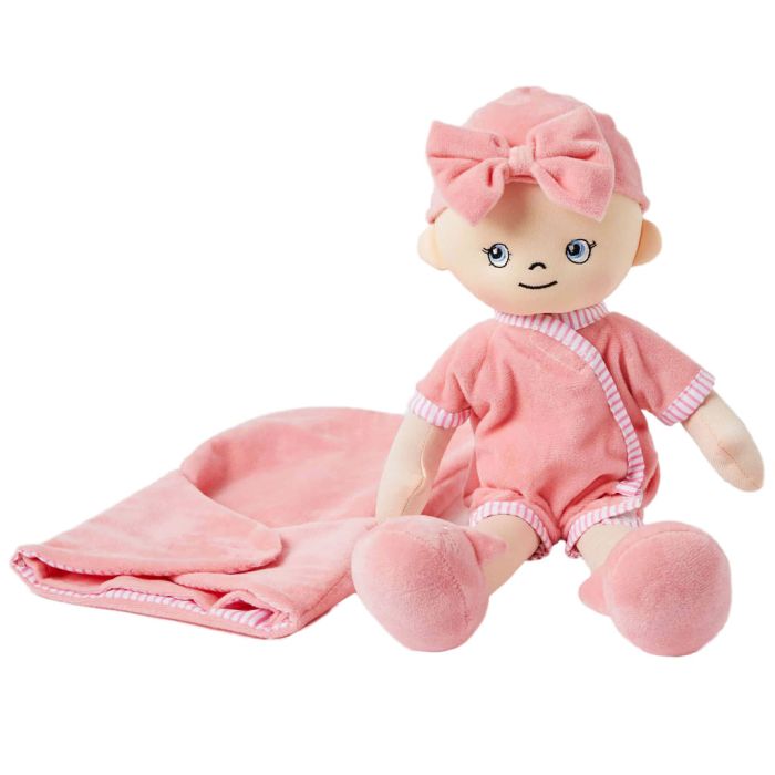 Molly is a baby girl rag doll with a soft cloth body and wears a nappy, pink jumpsuit and bonnet and comes with a sleeping bag.