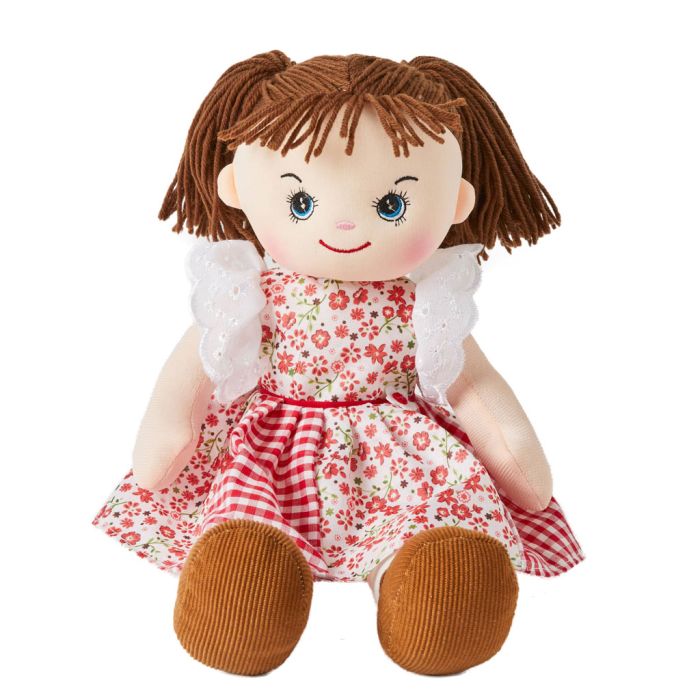 Isabelle is a sweet rag doll with a soft cloth body and brown hair tied in pigtails and wears a stunning red floral dress and loves picnics and riding her bike.