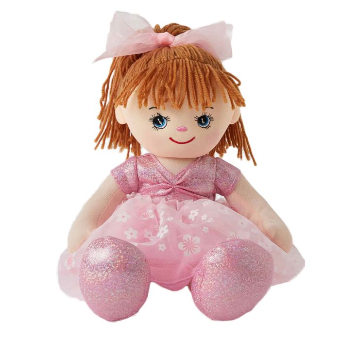 Sophia is a pretty ballerina rag doll with a soft cloth body and wears a pink leotard and tutu with a pink bow in her auburn hair with pink ballet slippers.