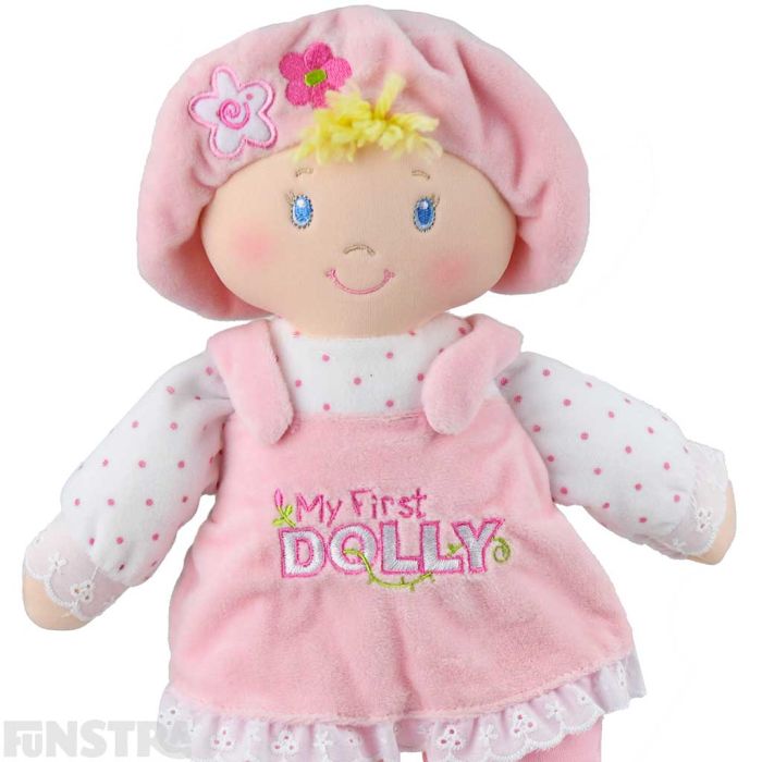 Beautiful detail with 'My First Dolly' embroidered on dolly's pink pinafore and flowers on her hat and pants.
