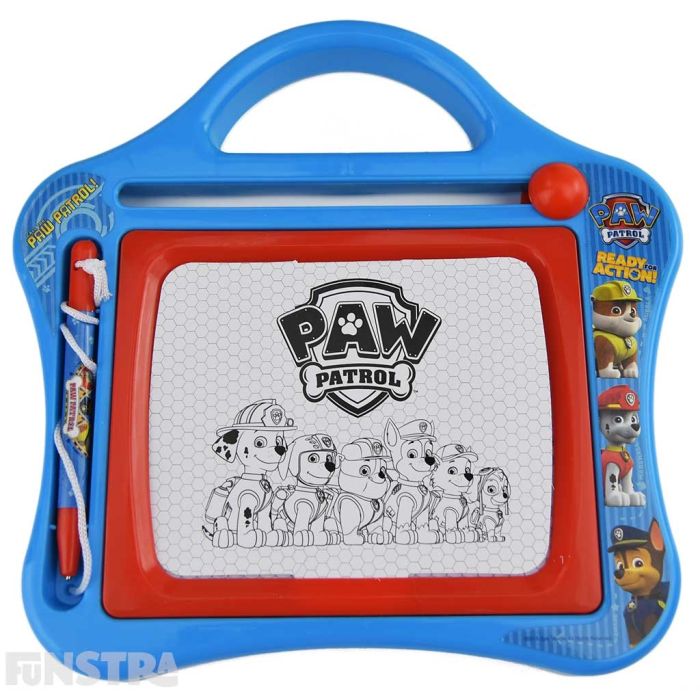 Draw Marshall, Rocky, Rubble, Chase, Everest, Skye and all the PAW Patrol rescue dogs on the magenetic scribbler with a the magnetic pen and clear your sketches by moving the top control from left to right horizontally and vice versa.