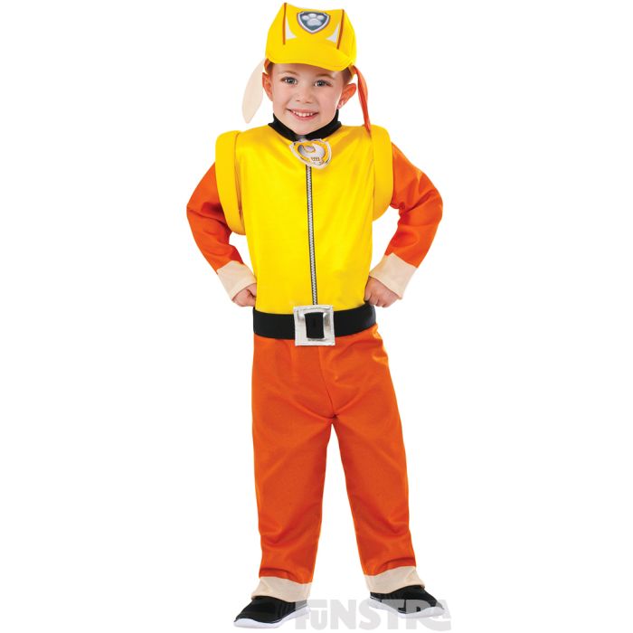 Dress up as Rubble the English Bulldog puppy, wearing his construction jumpsuit, hat, pup pack and wrench badge.