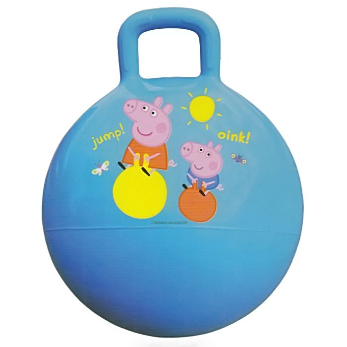 Peppa and George will bounce and jump with you on the blue rubber hippity hop ball inflatable toy.