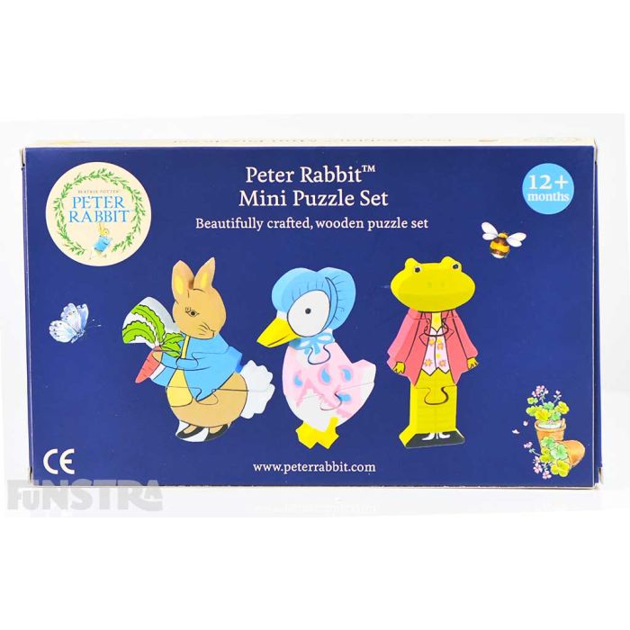 Beautifully crafted, wooden puzzle set comes presented in a gift box, perfect for anyone that loves Beatrix Potter and the tales of Peter Rabbit, Mr. Jeremy Fisher and Jemima Puddle-Duck.