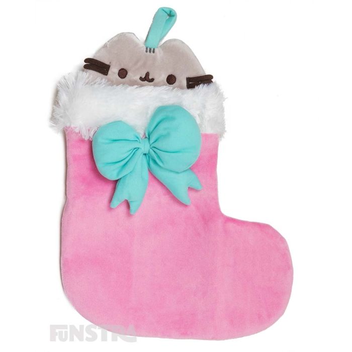 Pusheen peeking out of the stocking can hold a lot of treats for good little kitties, featuring plush fabric stocking, with a fluffy white, soft trim!