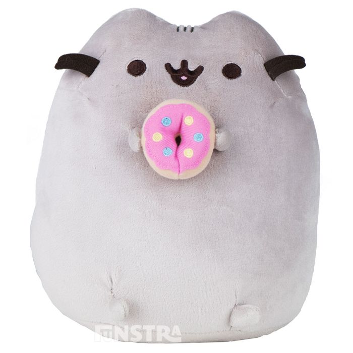 Pusheen is the snack-loving kitty cat with a sweet tooth and holds a yummy  pink frosted donut that features an embroidered happy face.