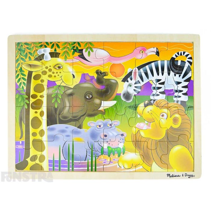 Learn and play with the Melissa & Doug puzzle featuring an exotic scene of animals with a lion, giraffe, elephant, zebra, hippopotamus and flamingo.