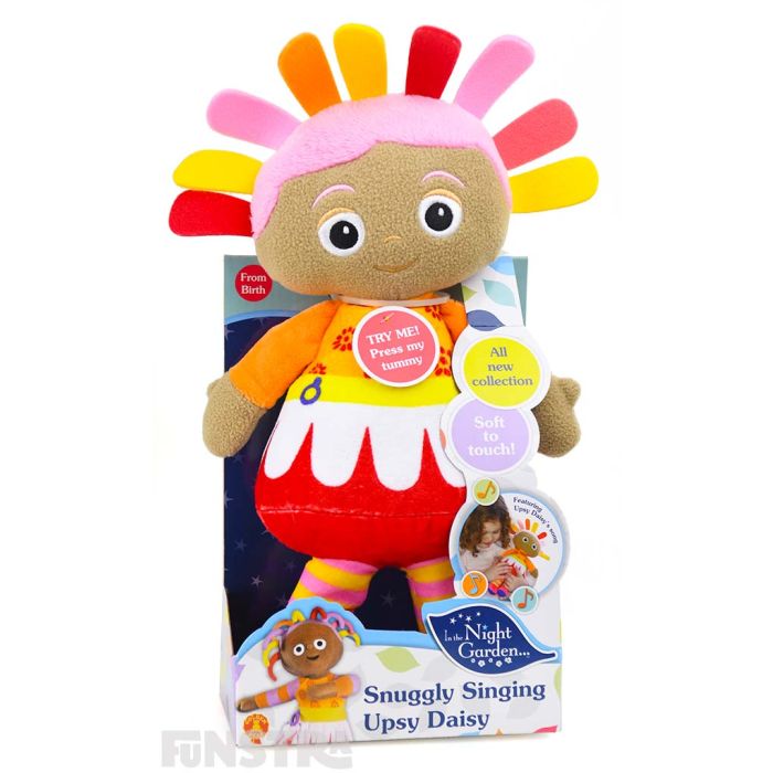Snuggle and cuddle with singing Upsy Daisy doll dressed up in her red, yellow, pink and orange costume and matching hair.