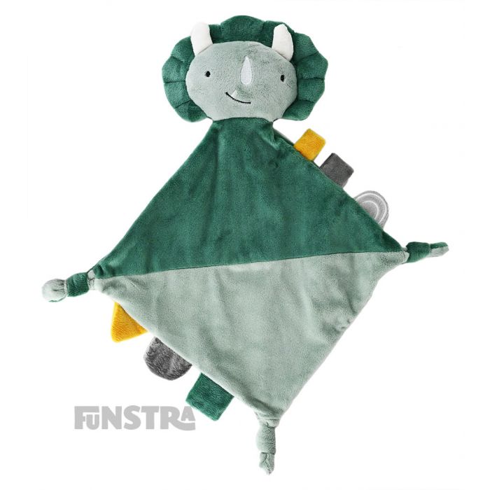 Theo the Triceratops dinosaur security blanket is an adorable companion, soother and comfort object for infants.