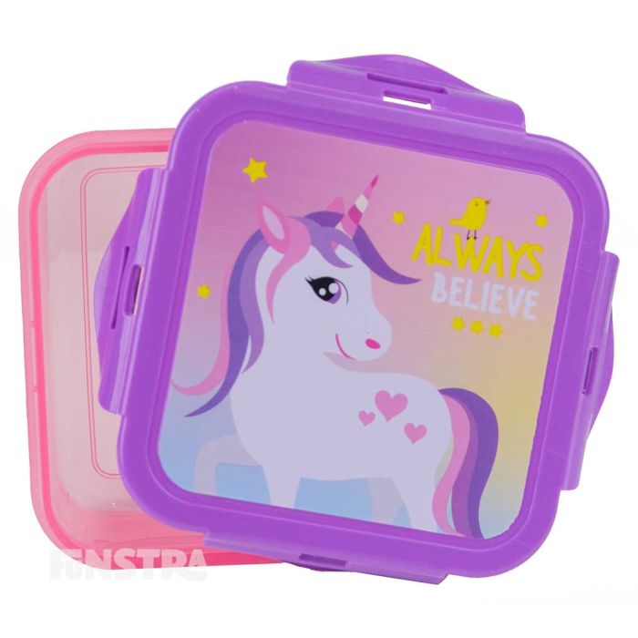 A beautiful unicorn design features on this food storage container and opens with a snap on lid