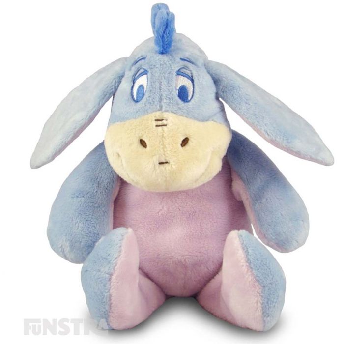 Soft and cuddly Disney Baby plush toy of donkey, Eeyore, with rattle to entertain babies.