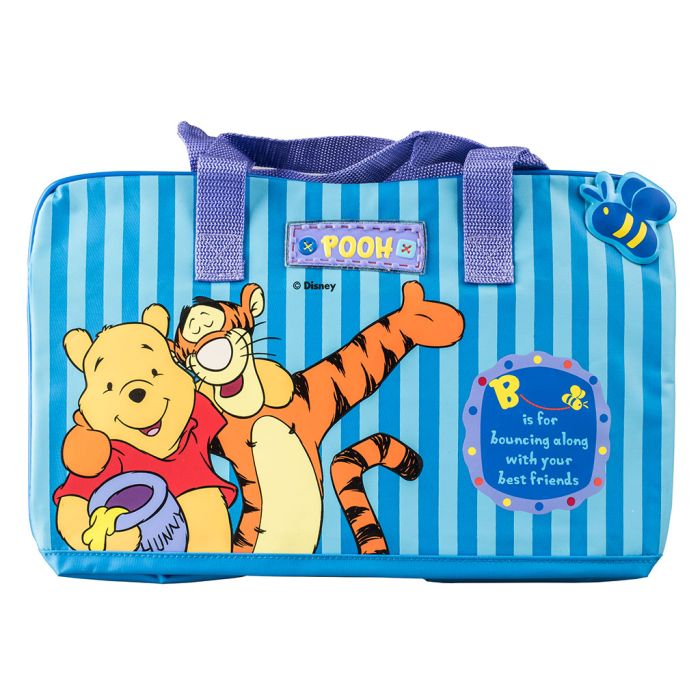 'B is for bouncing along with your best friends.' Fun design featuring Tigger and Pooh on a striped travel bag.