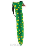 Green with yellow spots, Dorothy's tail is made of plush fabric and is super soft and perfect for dressing up as the rososaurus, Dorothy the Dinosaur.