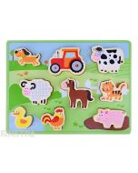 Toddlers can learn and play with this wooden puzzle design that features farm animals with a dog, sheep, duck, chicken, horse, pig, cow, cat, mouse and tractor.