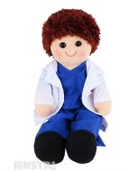 Derek is an dashing and caring doll with a soft cloth body and red-brown hair and wears blue scrubs and a white doctor's coat.