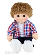 Jack is an dapper boy doll with a soft cloth body and brown hair and wears black trousers with a white tee shirt under plaid dress shirt.