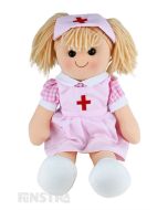 Thelma is an sweet and caring doll with a soft cloth body and blonde hair in pigtails and wears a pink nurse's uniform.