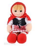 Little Red Riding  Hood is a favourite storybook doll with a soft cloth body and blonde hair under her red hooded cape and wears a white medieval shirt under a black corset and red gingham apron.