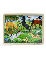 Learn and play with the Melissa & Doug puzzle featuring a beautiful scene of horses and ponies frolicking in the paddock amongst butterflies, birds and bunny rabbits.
