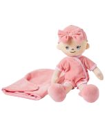 Molly is a baby girl rag doll with a soft cloth body and wears a nappy, pink jumpsuit and bonnet and comes with a sleeping bag.