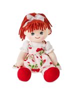 Avery is a super sweet rag doll with a soft cloth body and bright red hair tied in a ponytail and wears a beautiful cherry print dress and loves to do puzzles and climb trees.