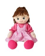 Caroline is an adorable rag doll with a soft cloth body and brown hair and wears a pink pinafore dress and loves watching cartoons and playing dress-ups.