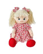 Elsie is a sweet rag doll with a soft cloth body with style and wears a floral red and white dress with matching bows in her curly blonde hair with red shoes.