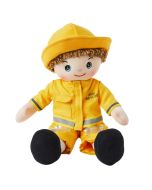 Eddie is a boy fire fighter rag doll with a soft cloth body and auburn hair and wears a fireman's uniform that consists of a yellow safety jacket, pants and hat and loves to rescue people and animals from fires.