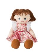 Isabelle is a sweet rag doll with a soft cloth body and brown hair tied in pigtails and wears a stunning red floral dress and loves picnics and riding her bike.