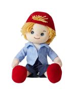 Ryan is fun loving boy rag doll with a with a soft cloth body and blonde hair and outfit consists of a striped shirt, denim shorts and a red corduroy cap and loves drawing art and playing sports.