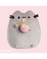 Pusheen is enjoying eating ramen noodles with chopsticks from a pink bowl. Super cute and cuddly friend for fans of ramen and the famous feline.