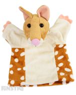 Soft and cuddly quoll hand puppet with brown, beige and cream plush.