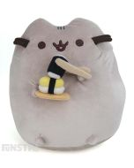 Pusheen enjoys eating a serving of refreshing  sushi and nigiri with chopsticks, as she stands upright in this plushy.