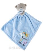 Gorgeous blue comforter blanket featuring Me To You's Tiny Tatty Teddy with sweet embroidery that says, "you are loved little one".