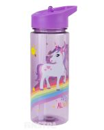 Beautiful unicorns with spiraling horns and flowing hair stand on a rainbow on this purple canteen