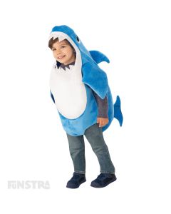 Dress up as Daddy Shark with this blue plush romper with fins of the Daddy Shark character, that features a sound chip within the costume that plays the famous Baby Shark song.