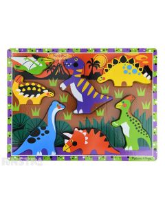 Learn and play with chunky dinosaur puzzle pieces that feature the Pteranodon, Ankylosaurus, Apatosaurus, T-Rex, Triceratops, Stegosaurus, and Hadrosaurus.