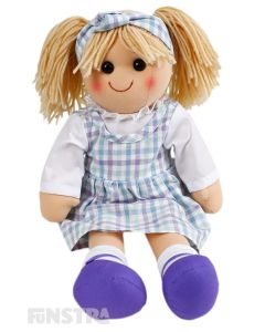 Hope is an uplifting and encouraging doll with a soft cloth body and blonde hair in pigtails with a headband and wears a blue and purple gingham patterned dress.