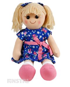 Rosie is a delightful doll with a soft cloth body 
 with blonde hair tied with bows in pigtails and wears a floral summer print dress with a pink bow at her waist.