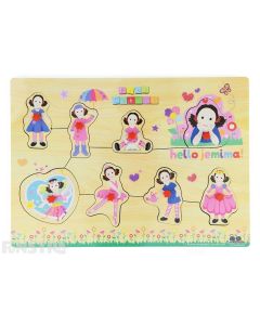 Jemima is dressed up as a ballerina, fairy, princess and more on this fun wooden Play School pin puzzle.