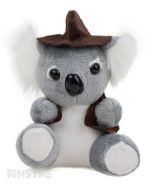 A true jolly swagman of Australia is the swaggie koala mini plush beanie toy, wearing a hat and jacket.