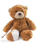 A cute and cuddly patient with a fracture, and features a cast on his sore leg and crutches for this injured brown bear.