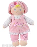 Every baby girl would love the cutest little doll from GUND, 'My First Dolly'. Wearing a pink pinafore and bonnet on her blonde hair, this beautiful dolly is the sweetest first dolly for babies.