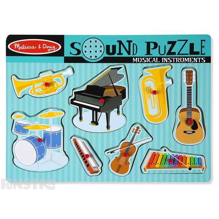 Hear the sounds of musical instruments with this fun sound jigsaw puzzle from Melissa & Doug, featuring a trumpet, piano, tuba, guitar, xylophone, violin, harmonica and drums. Hear the sounds of musical instruments with this fun sound jigsaw puzzle from Melissa & Doug, featuring a trumpet, piano, tuba, guitar, xylophone, violin, harmonica and drums.